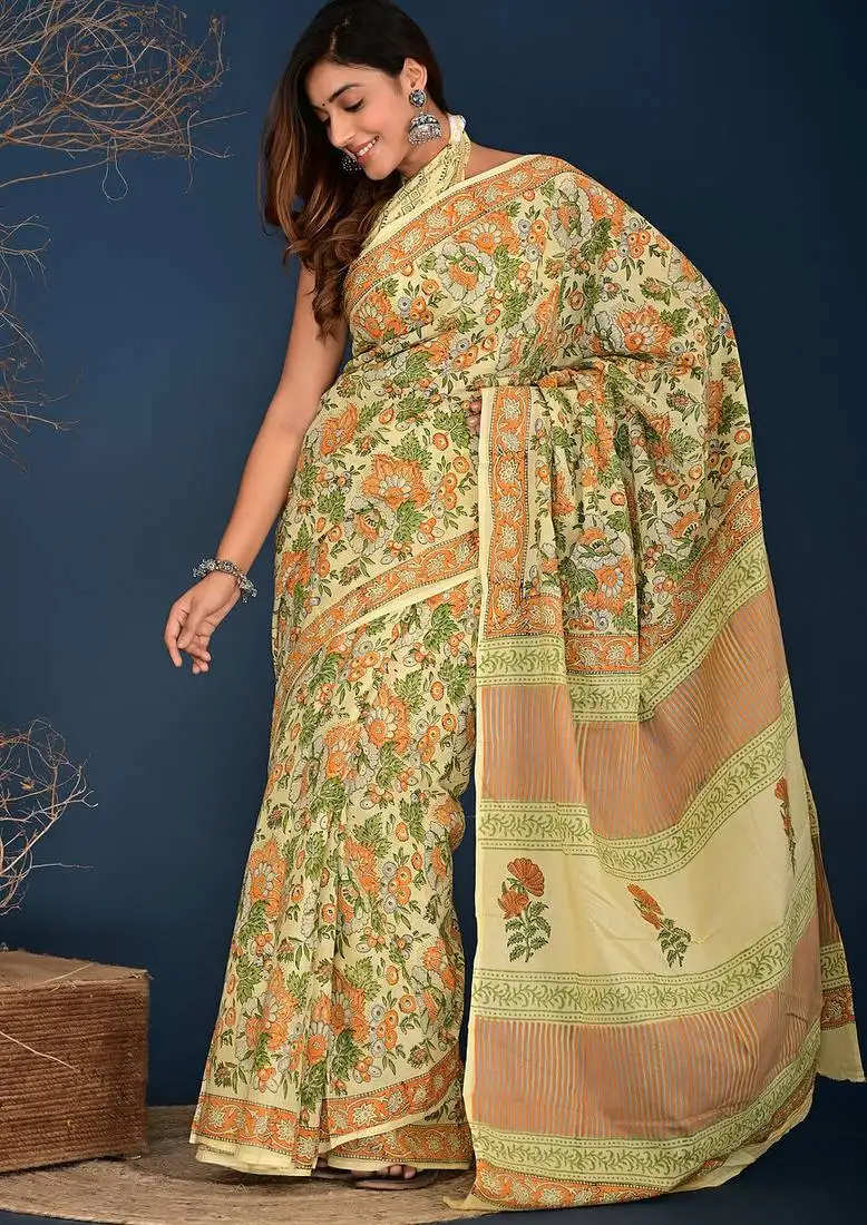 Orange green hand block printed cotton saree