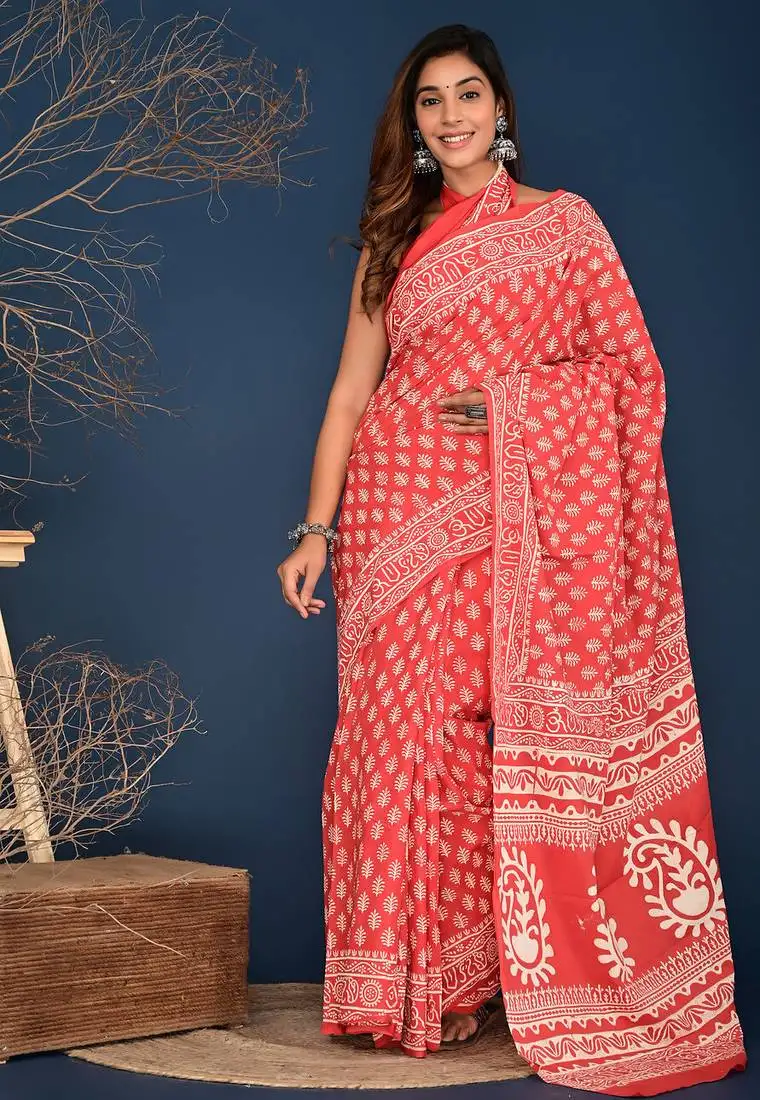 Crimson red hand block printed cotton saree