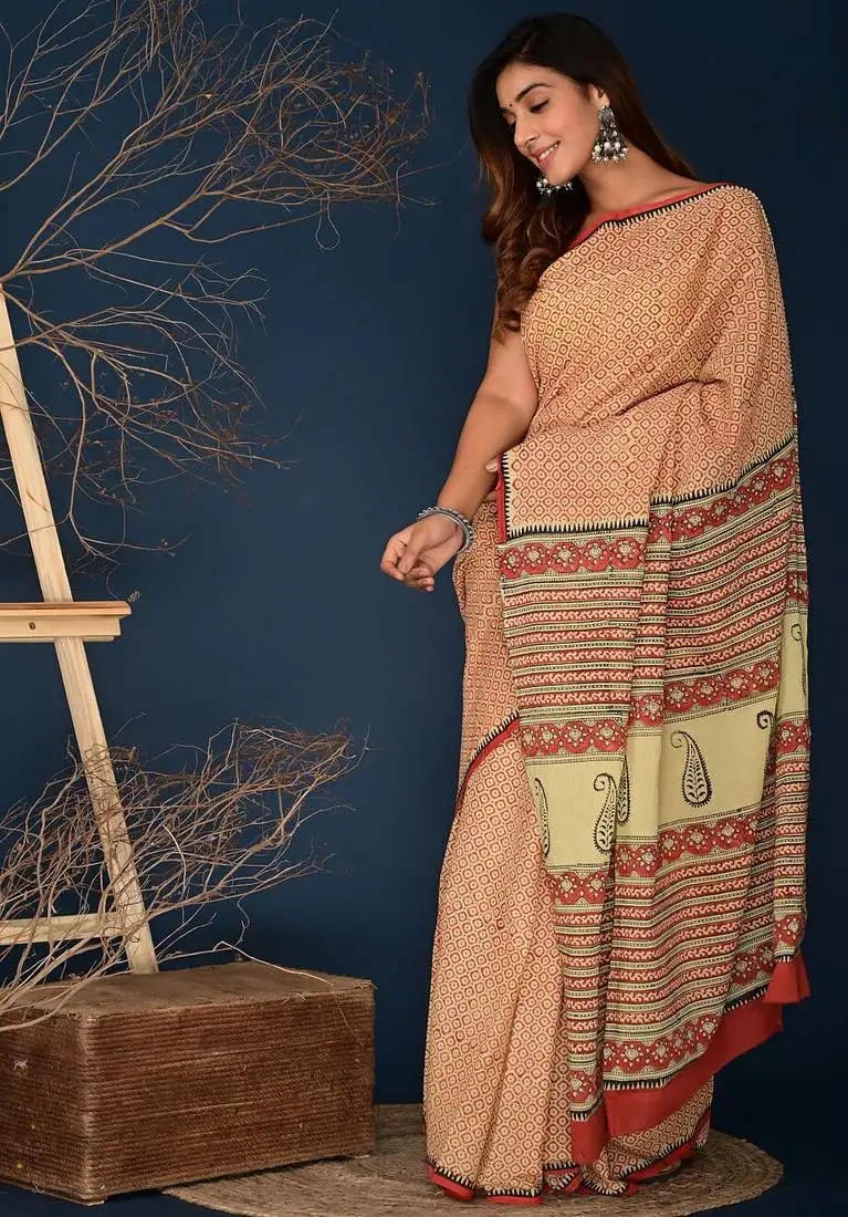 Rosewood marron hand block printed cotton saree