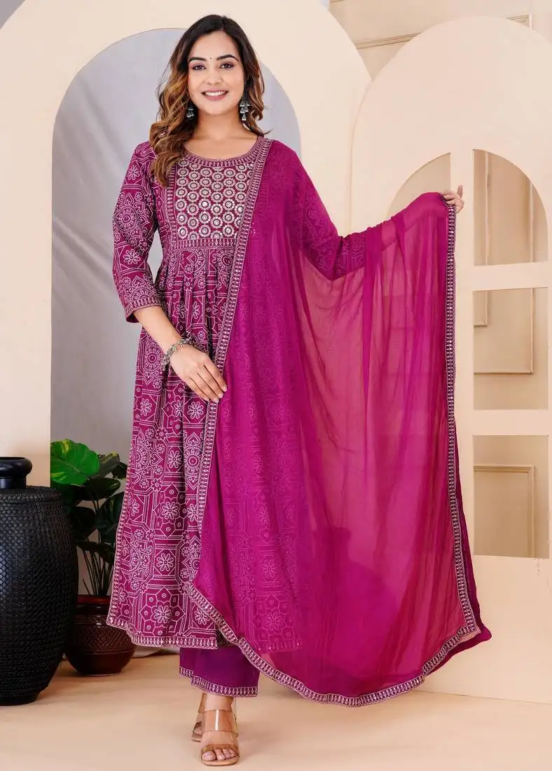 Purple rayon printed & embroidered work straight kurta bottom & dupatta set