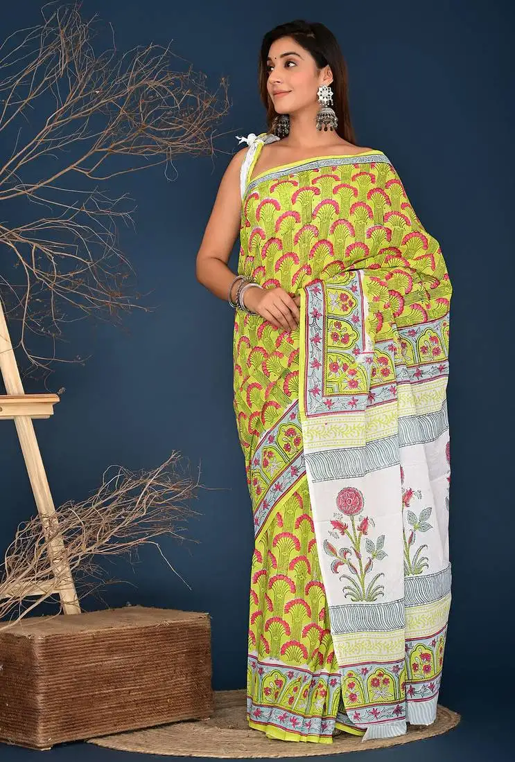 Yellow red hand block printed cotton saree