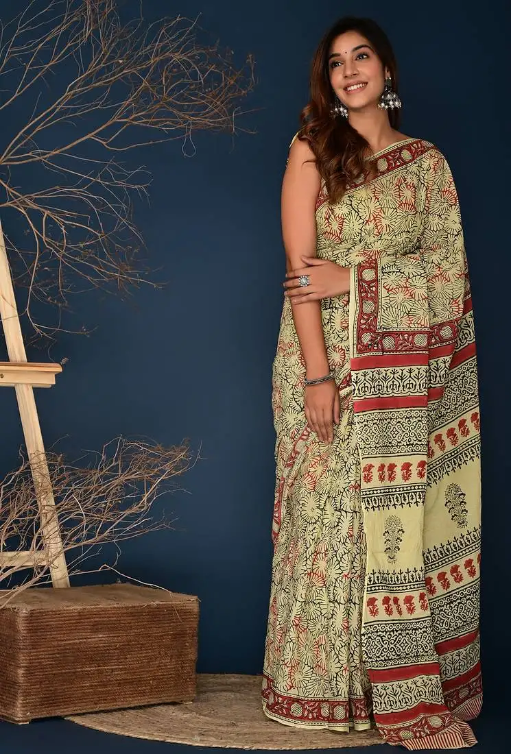 Marron black hand block printed cotton saree