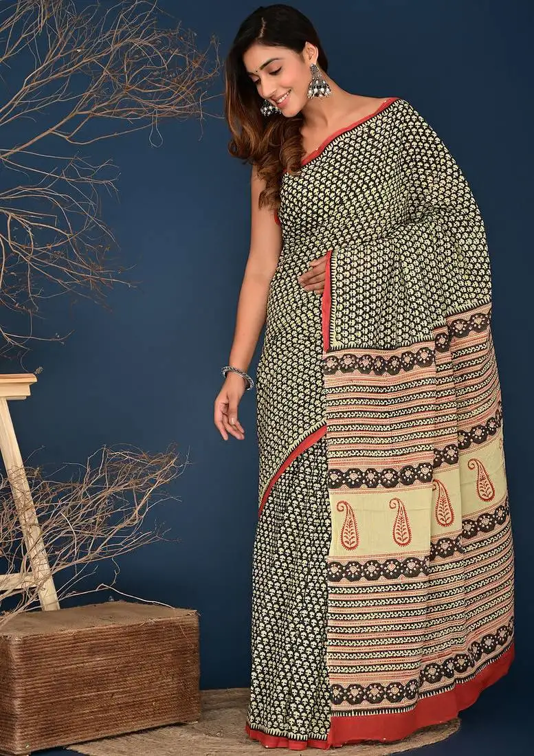 Black hand block printed cotton saree