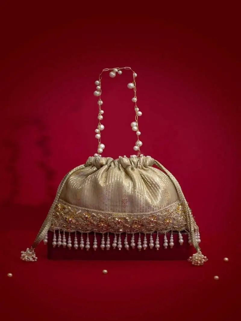 Grey embroidered silk potli bag