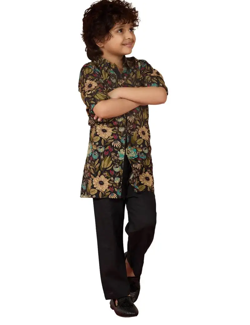 Boys black cotton floral print kurta pyjama set - navratri special