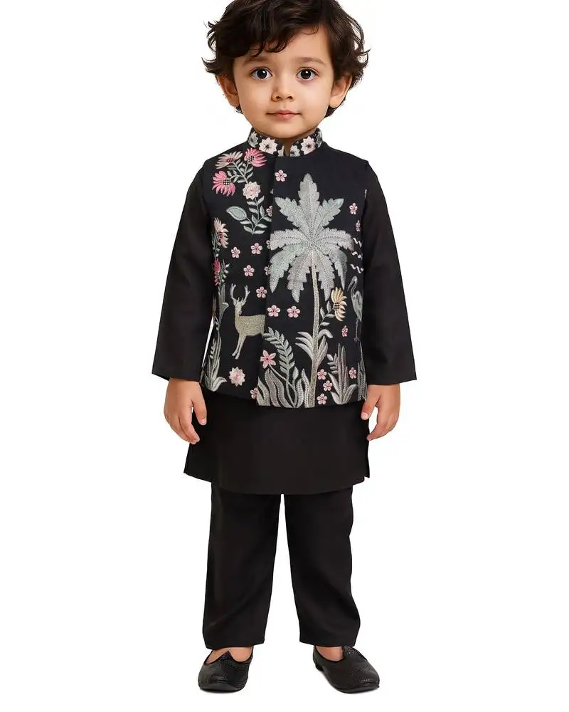Boys black silk blend embroidered nehru jacket set - diwali collection
