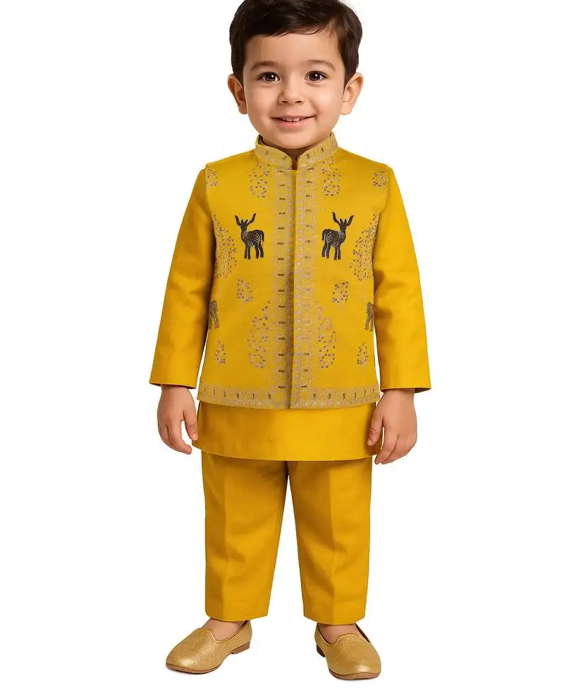 Boys mustard silk blend embroidered nehru jacket set with stone work