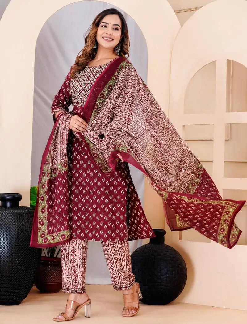 Mahroon cotton printed & embroidered work straight kurta bottom & dupatta set