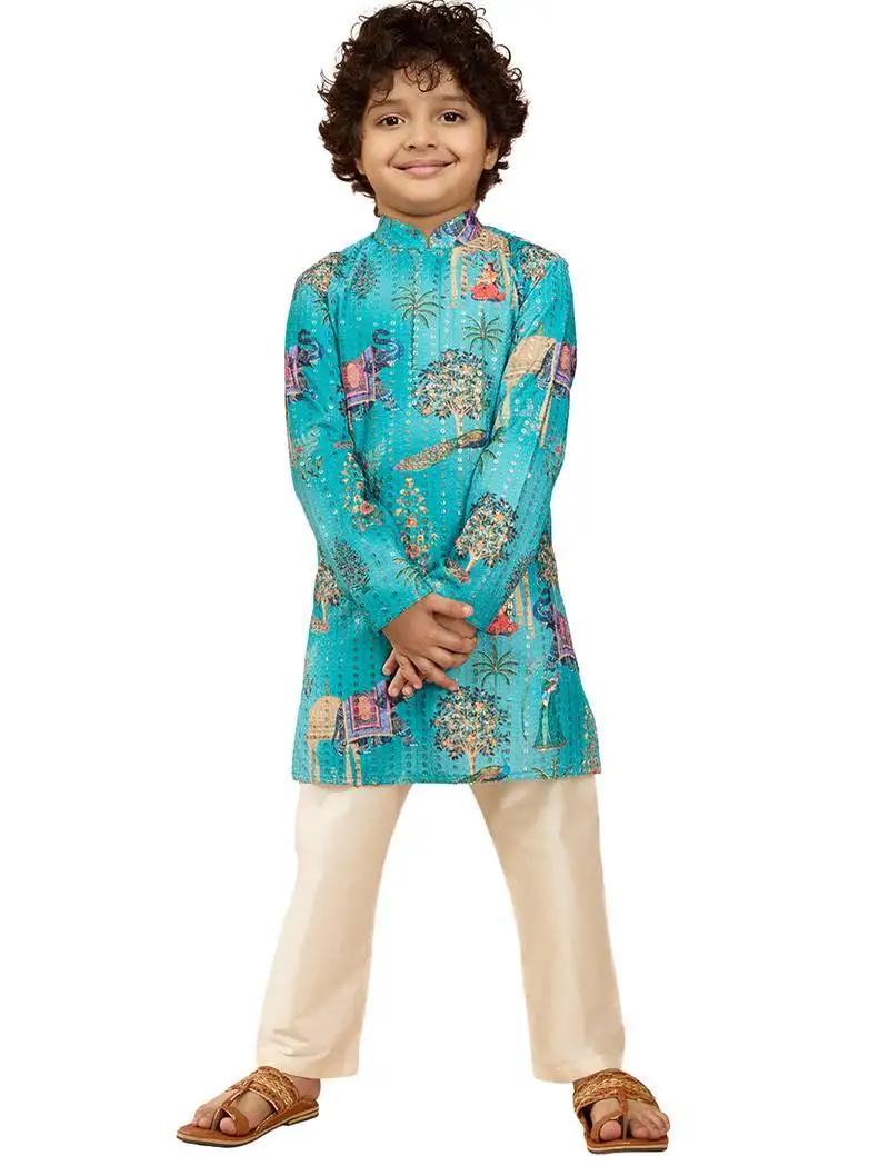 Boys blue sequin kurta pajama set - digital print navratri festive wear