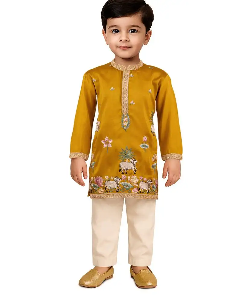 Boys mustard silk kurta pajama set - thread embroidery navratri festive