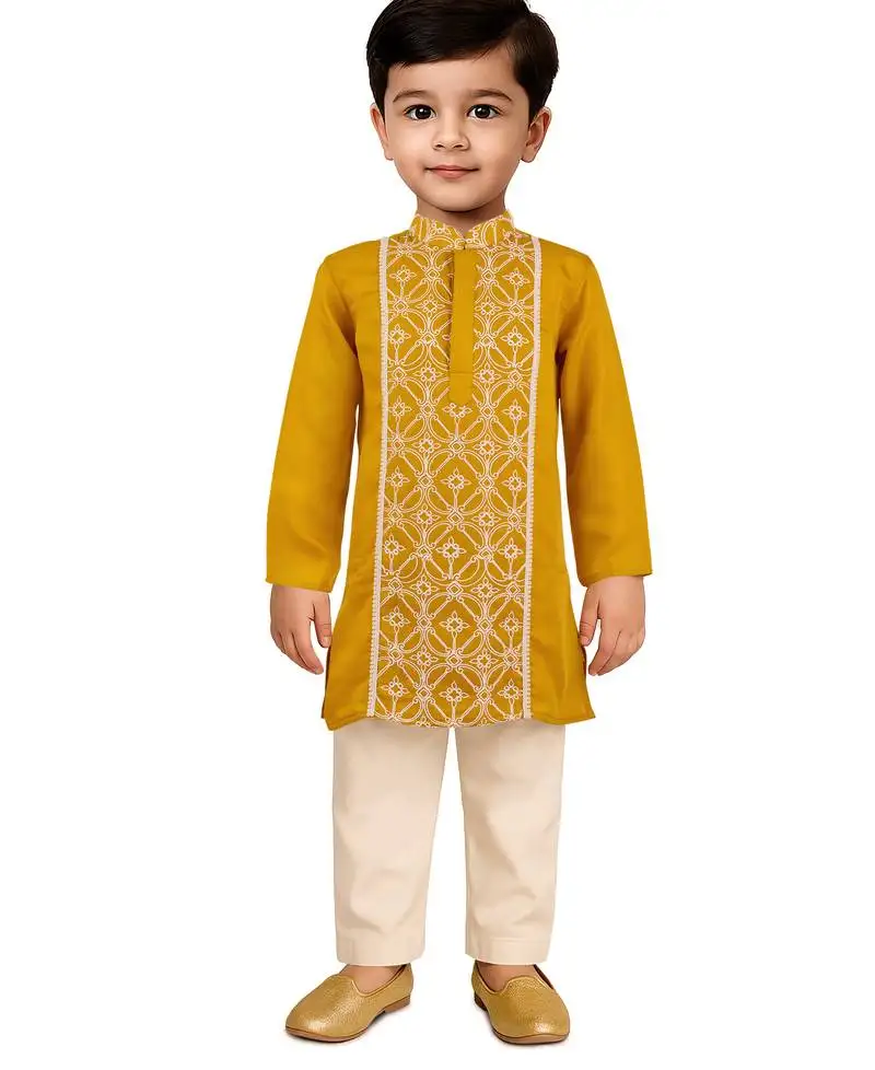 Boys mustard satin kurta pajama set - geometric embroidery navratri