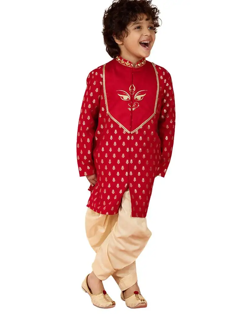 Boys red viscose zari embroidered kurta with dhoti set - navratri special