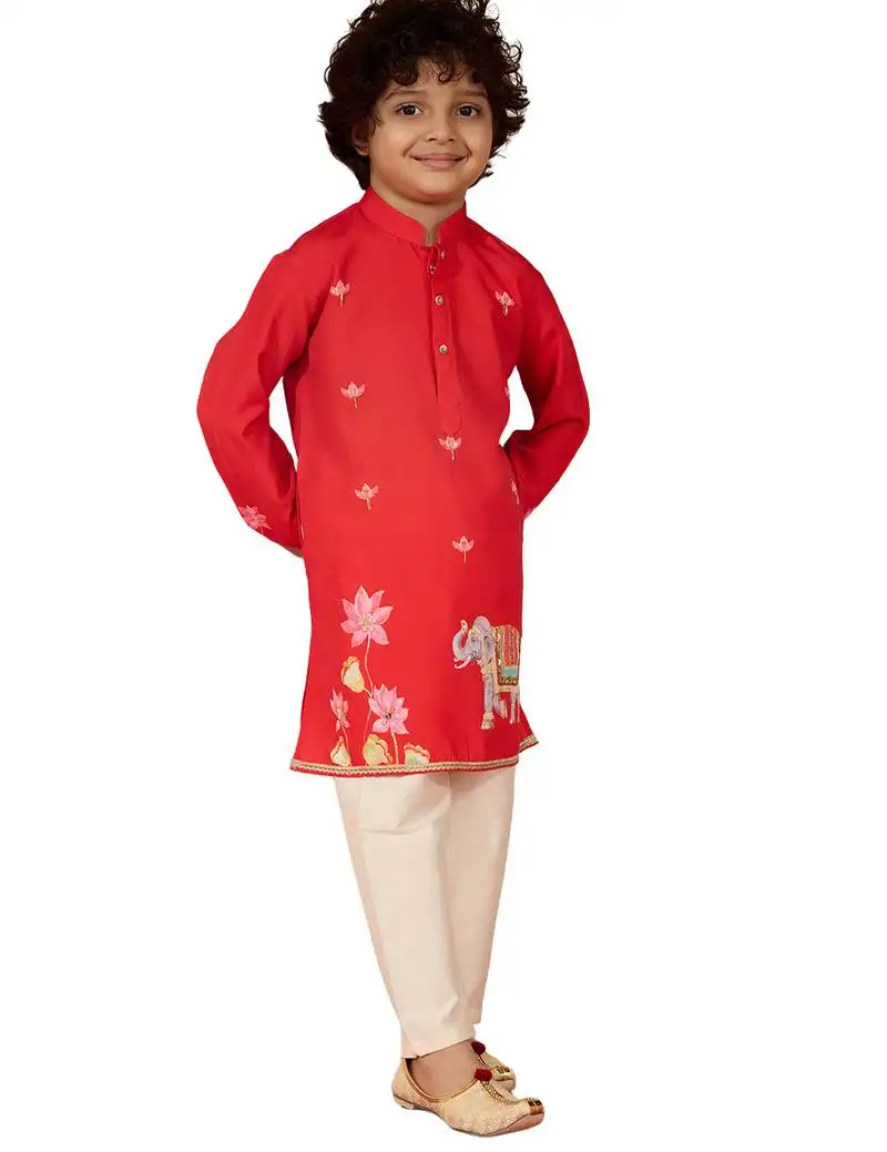 Boys red muslin elephant print kurta with cream pyjama set