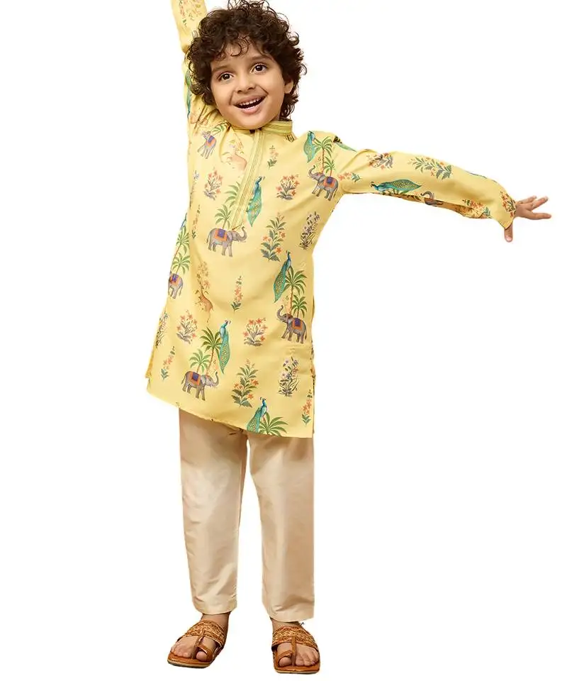 Boys yellow rayon animal print kurta with cream pyjama set - diwali special