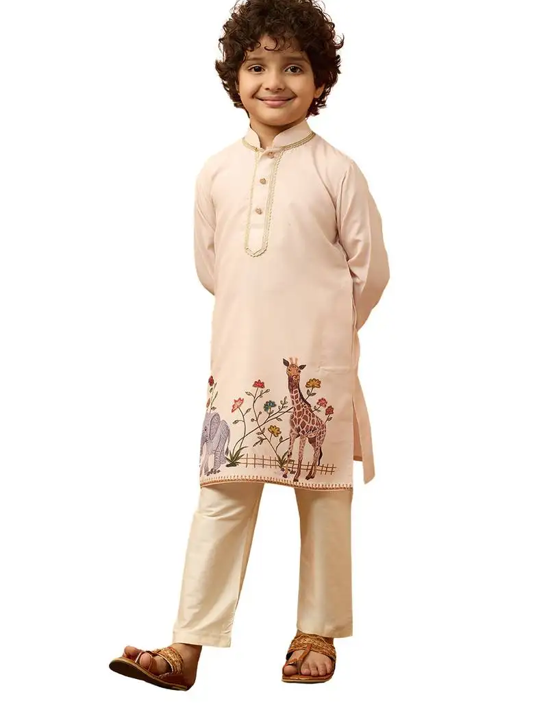 Boys beige rayon elephant giraffe print kurta with cream pyjama set