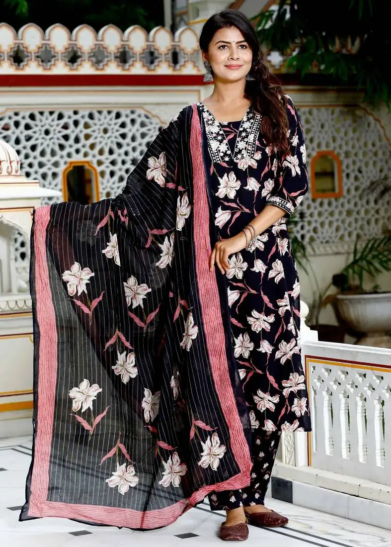 Black cotton printed & embroidered work straight kurta bottom & dupatta set