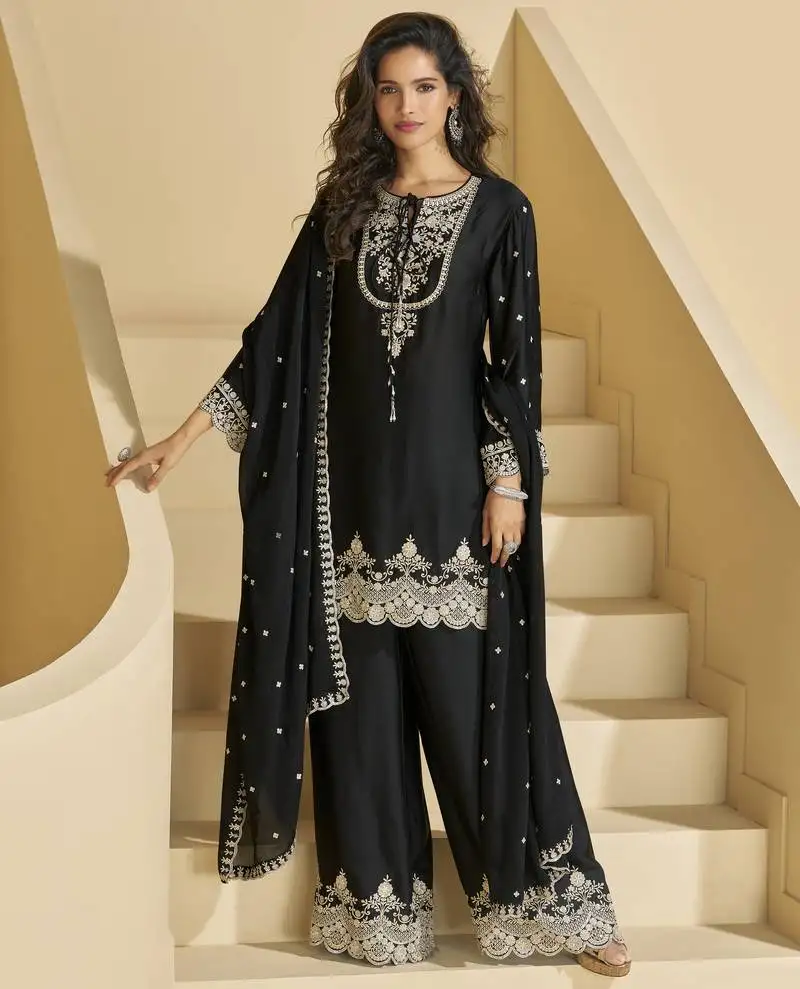 Women's chinon embroidery sequence work kurta palazzo with dupatta for women stitched