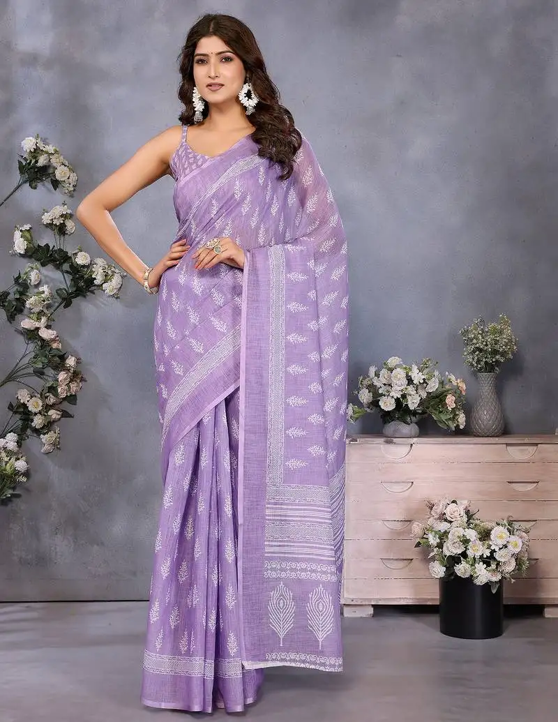 Lavender ethnic motifs printed ready to wear saree with unstitched blouse