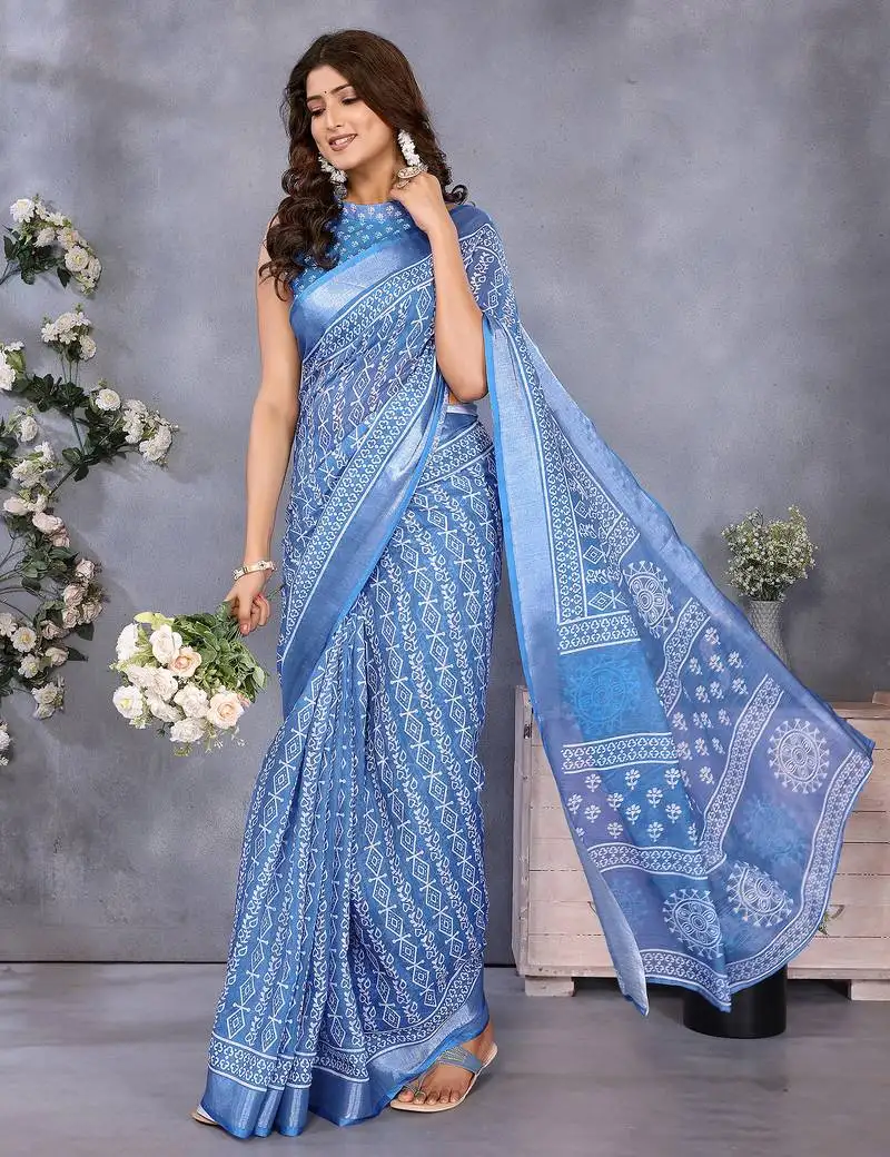 Light blue ethnic motifs printed ready to wear saree with unstitched blouse