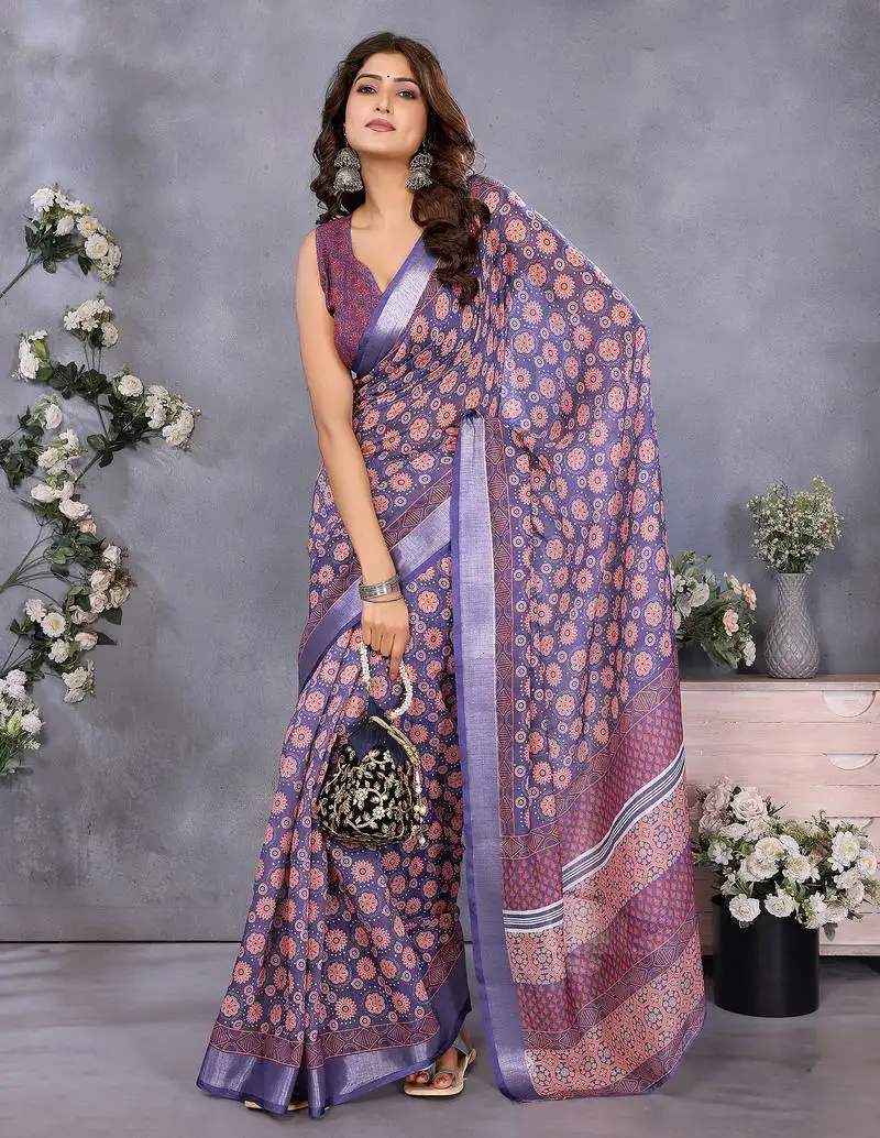 Purple circular floral motif printed ready to wear saree with unstitched blouse