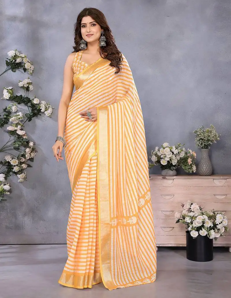 Orange stripes printed leheriya ready to wear saree with unstitched blouse