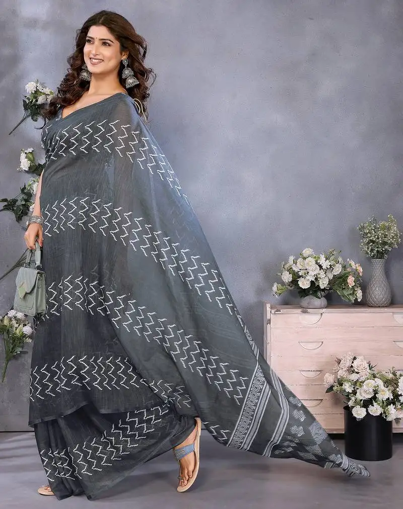 Grey zig zag printed ready to wear saree with unstitched blouse