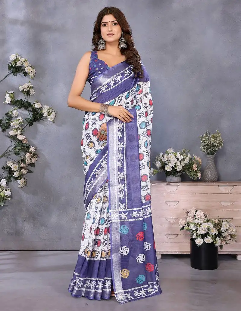 White batik printed ready to wear saree with unstitched blouse