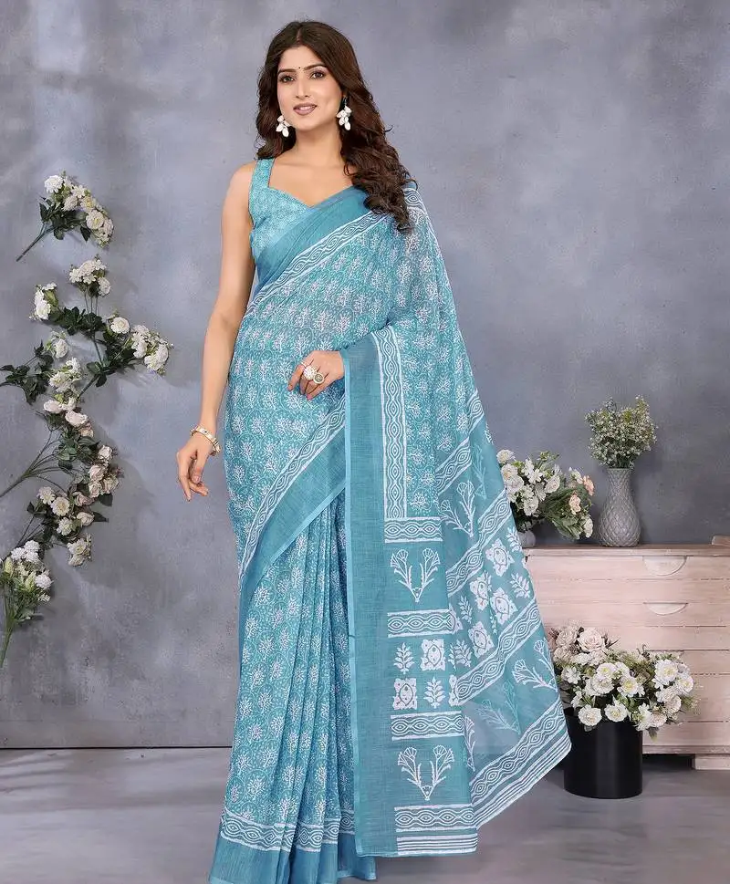Ocean blue batik printed ready to wear saree with unstitched blouse