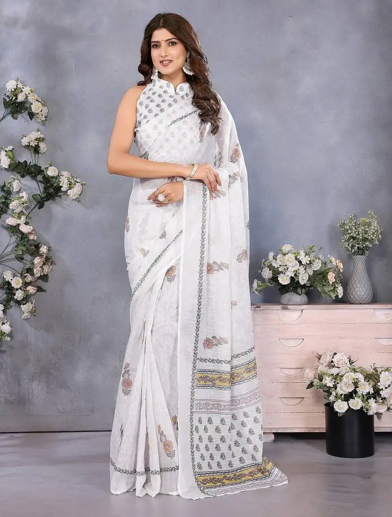 White block printed ready to wear saree with unstitched blouse