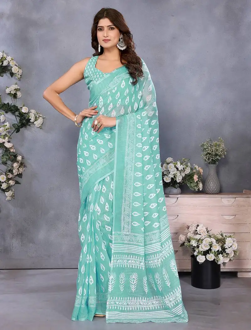 Light green block printed ready to wear saree with unstitched blouse