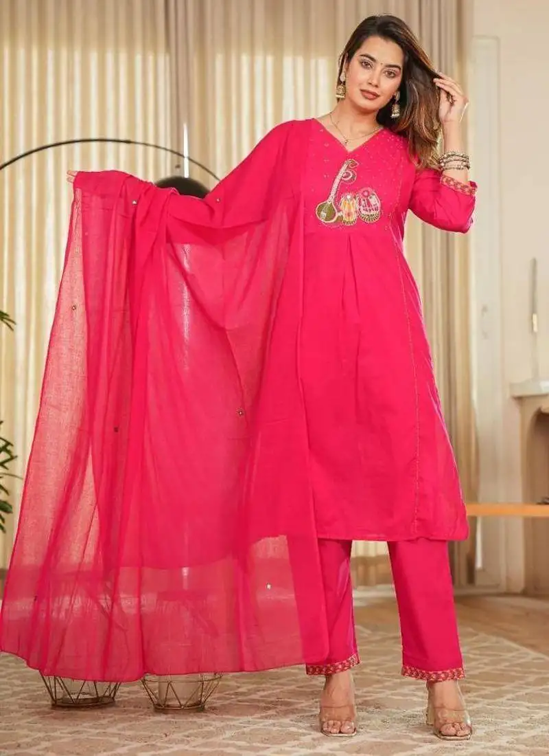 Pink cotton cambric straight kurti-pant-dupatta set