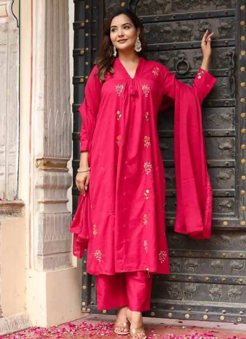 Cotton cambric dyed anarkali kurti-pant-dupatta set