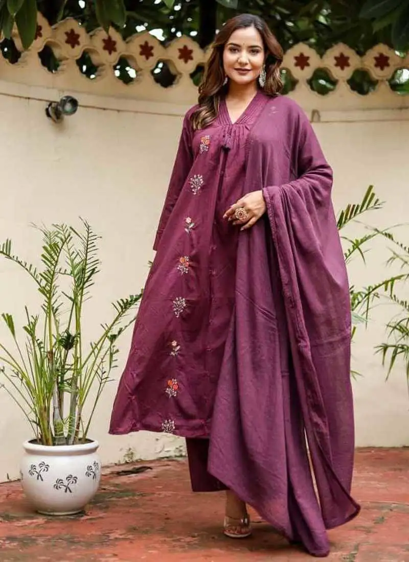 Purple cotton cambric dyed anarkali kurti-pant-dupatta set