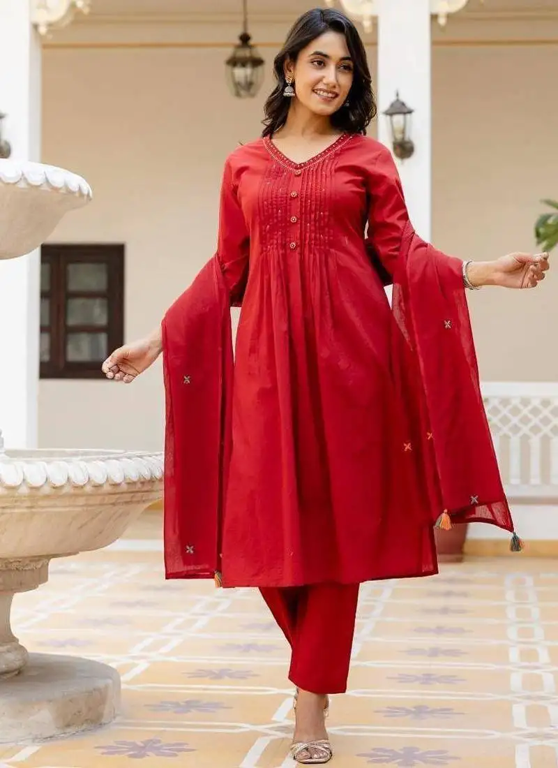 Red cotton cambric a-line kurti-pant-dupatta set