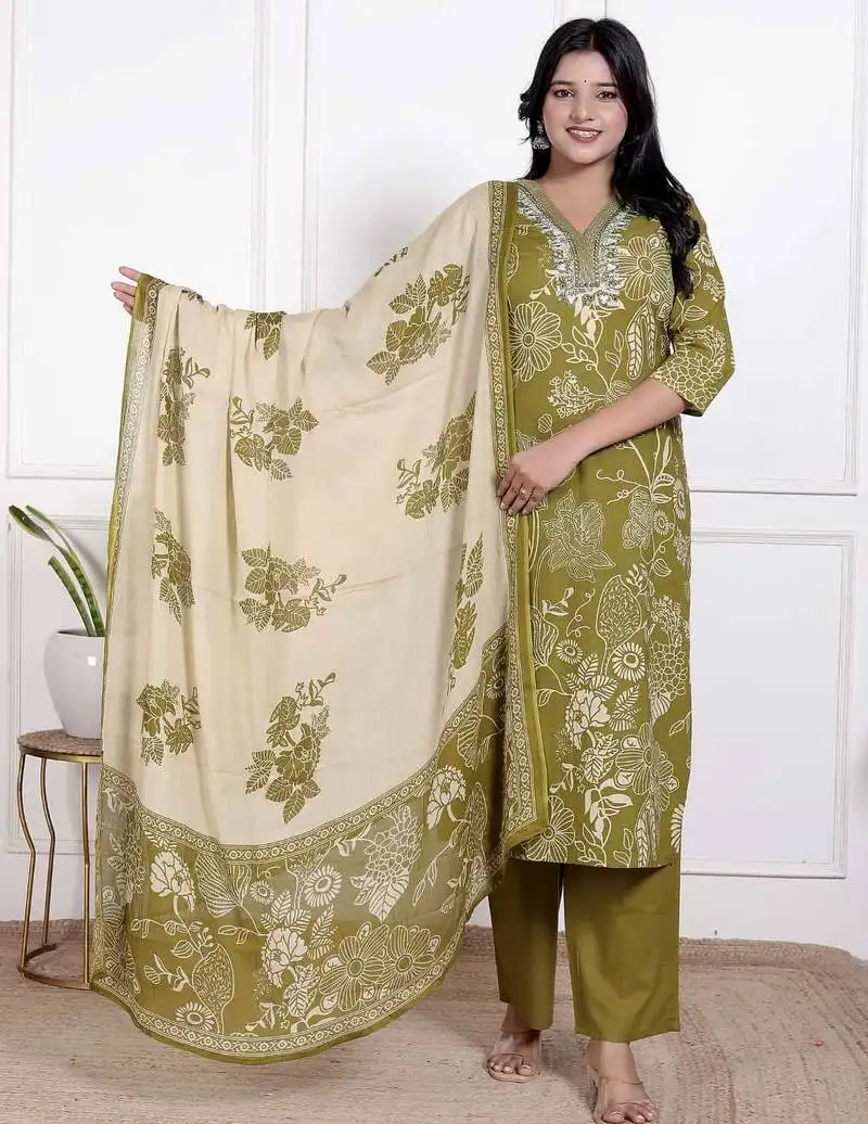Mehendi cotton cambric straight kurti-pant-dupatta set