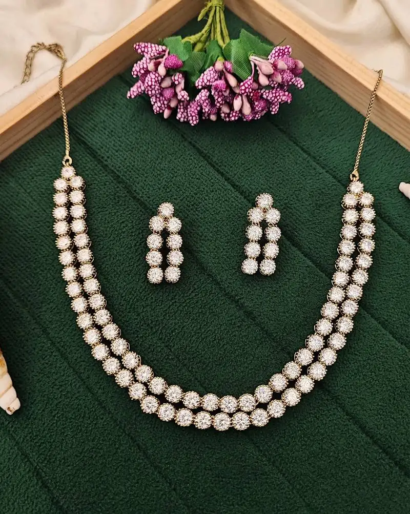 Mehendi polish double line cz diamond necklace set with earrings – beautiful look for her