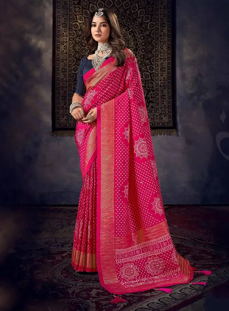 Rani dolla silk blend foil print zari border work saree with unstitched blouse