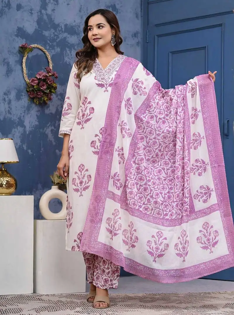 Pink cotton printed & hand work straight kurta bottom & dupatta set