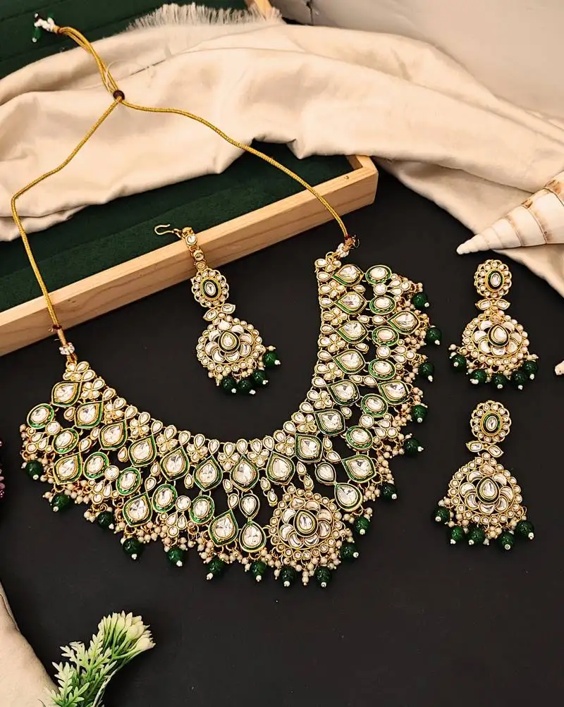 Royal kundan bridal necklace set with green beads, earrings & maang tikka | indian jewelry with pearl & stone detailing