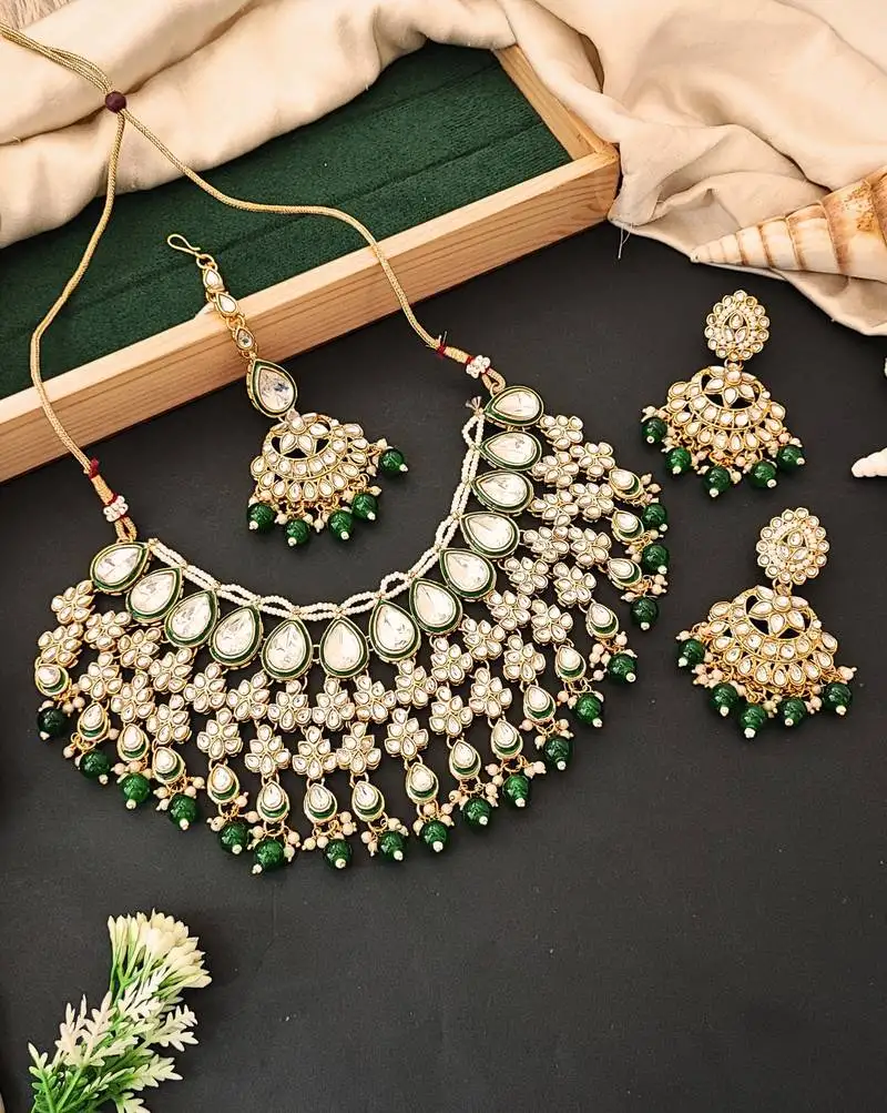 Traditional kundan bridal choker necklace set with green beads, earrings & maang tikka | pearl & stone work for her