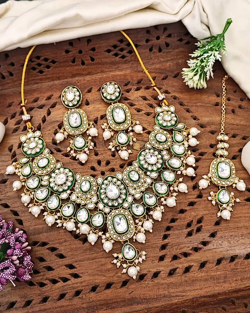 Kundan bridal jewelry set with necklace, earrings & maang tikka | green enamel & pearl work for wedding & festive wear