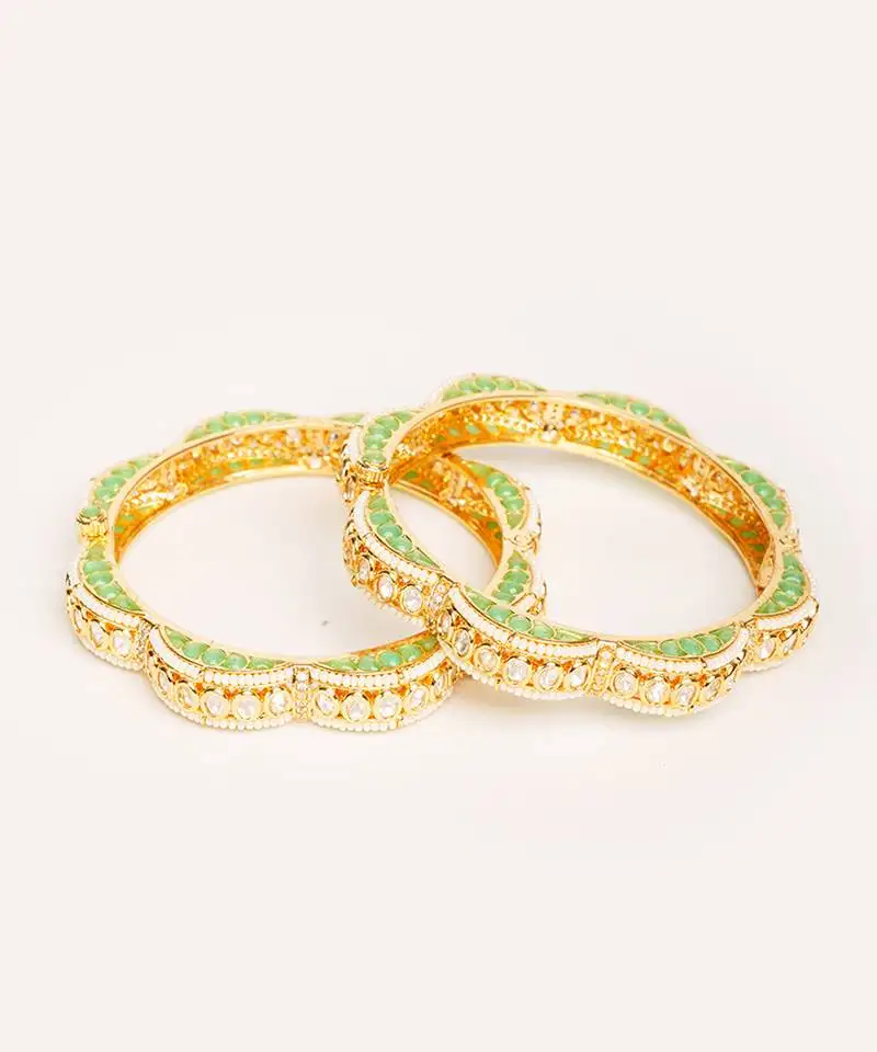 Gold plated green stone kundan bangles