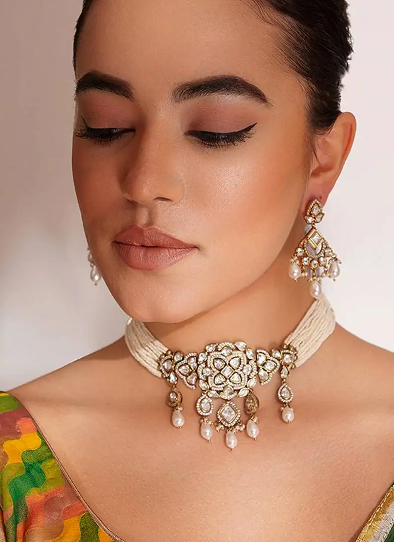 Two toned pearl choker necklace set