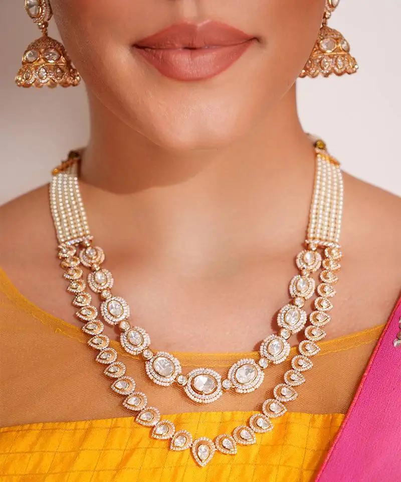 Gold plated kundan layered necklace set