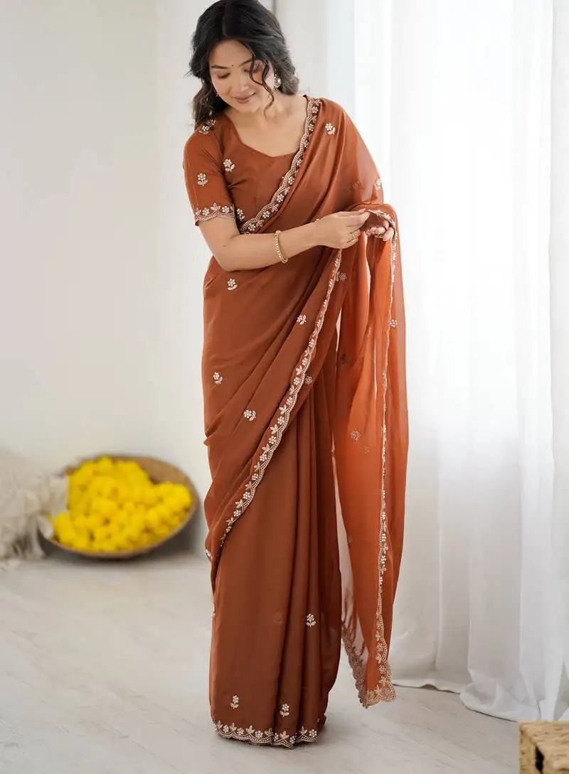 Rust georgette saree with embroidery & moti work and unstitched blouse – party & wedding wear