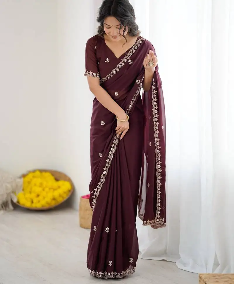 Dark purple georgette saree with embroidery & moti work and unstitched blouse   premium wedding saree