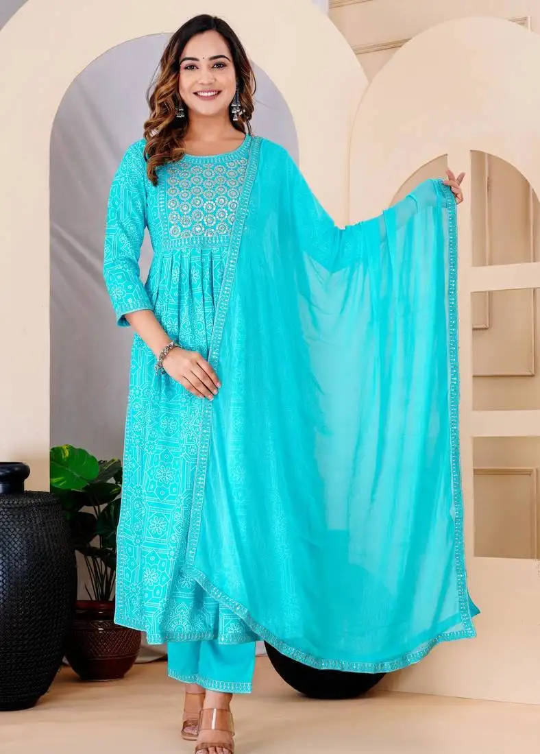 Turquise blue rayon printed & embroidered work straight kurta bottom & dupatta set