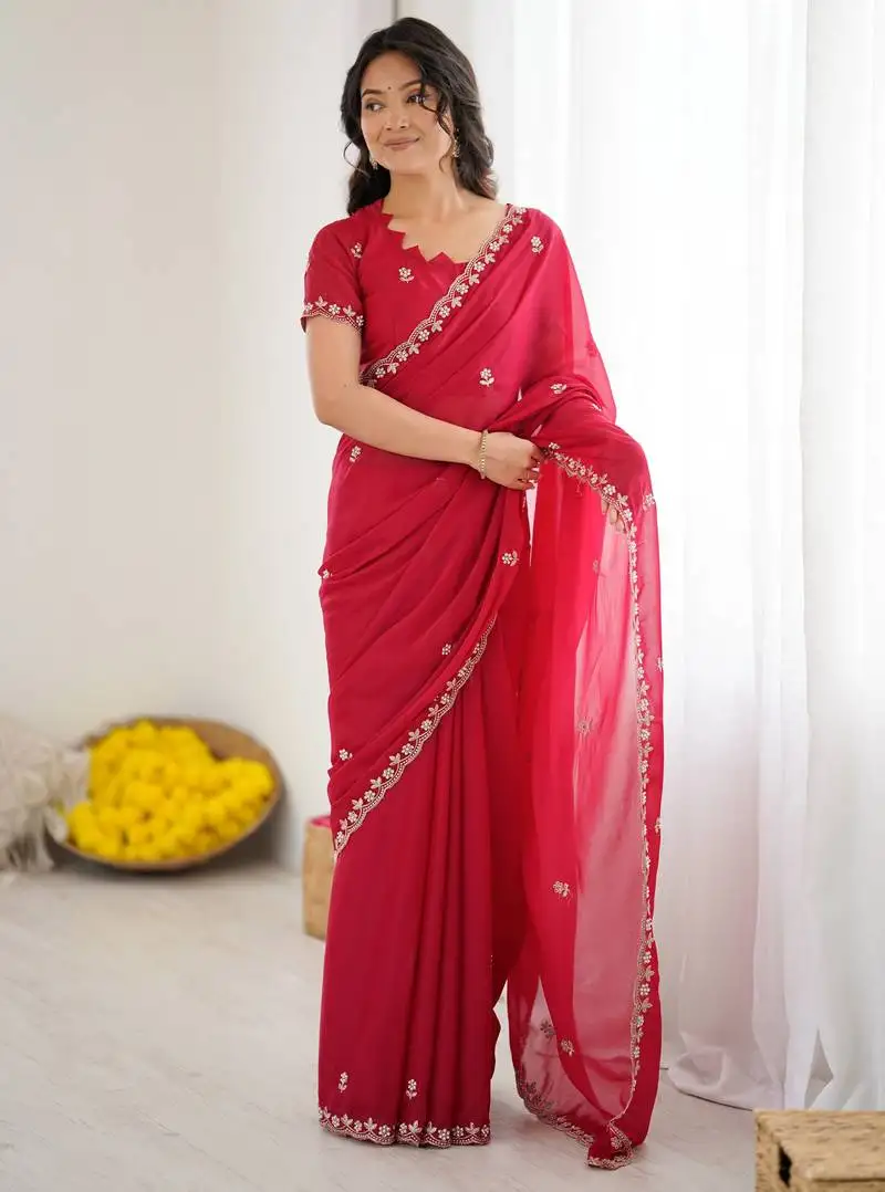 Rani pink georgette saree with embroidery & moti work and unstitched blouse designer saree for festive wear