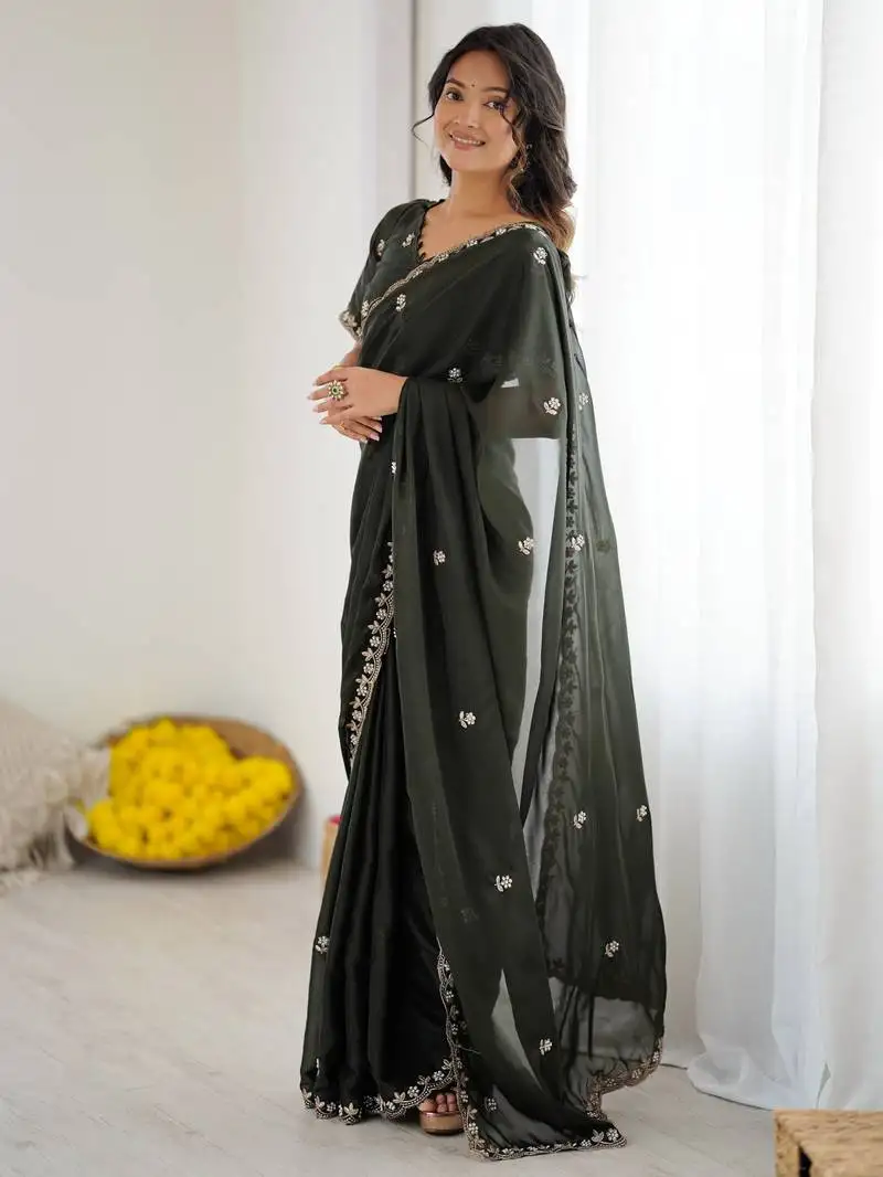 Mehendi green georgette saree with embroidery & moti work and unstitched blouse elegant party wear saree