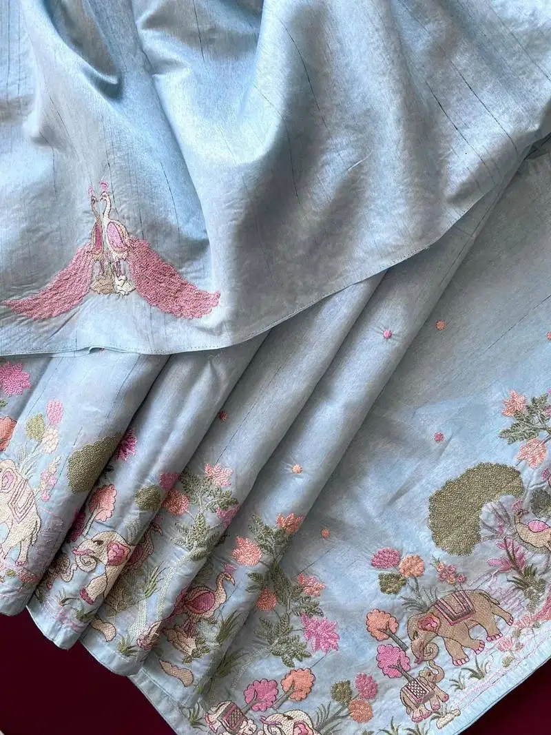 Sky pure loom tussar with all over forest style hand embroidery